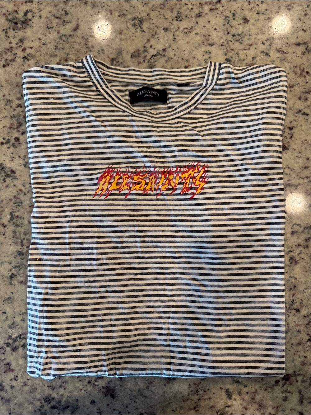 All Saints Black & White Striped Crewneck Tee with Red and Yellow Graphic